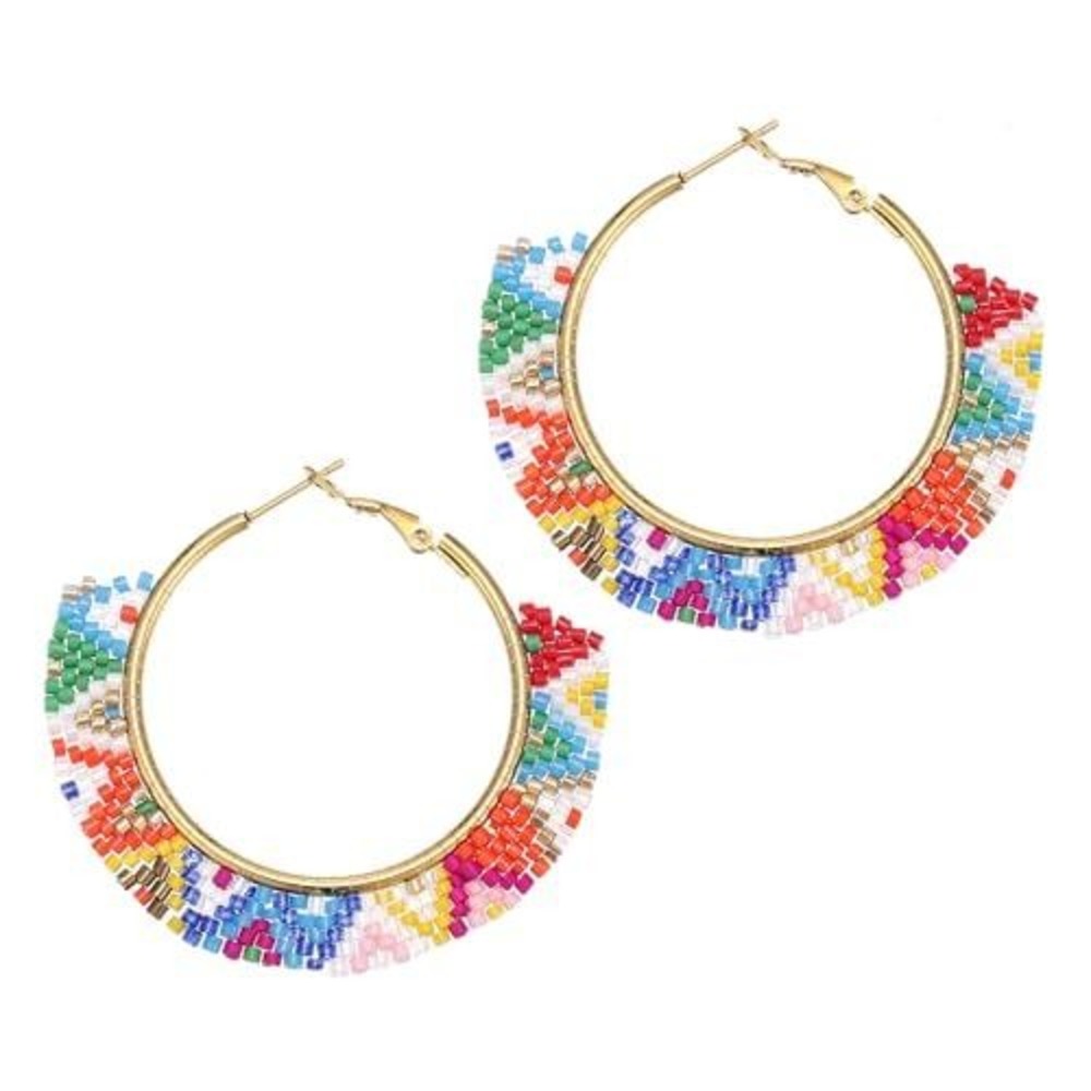 Boho Multi Color Seed Bead Gold Hoop Earrings Geometric Fringe Statement Jewelry